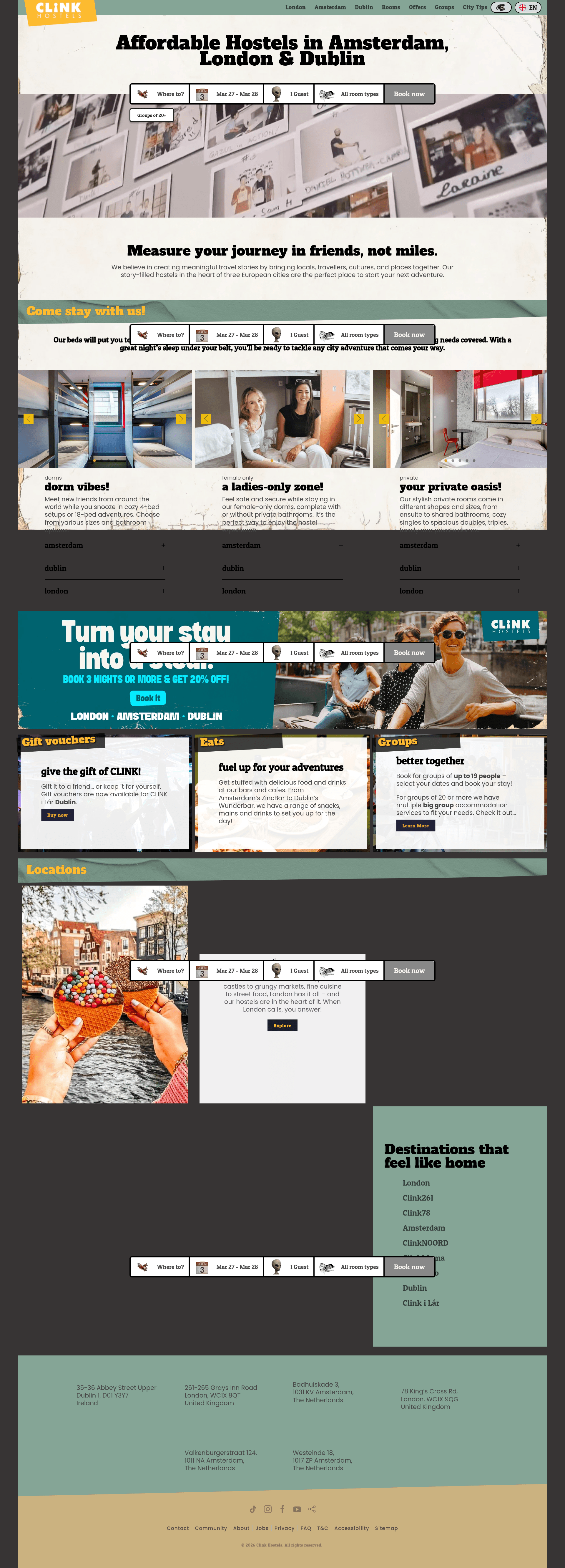CLINK Hostels website screenshot