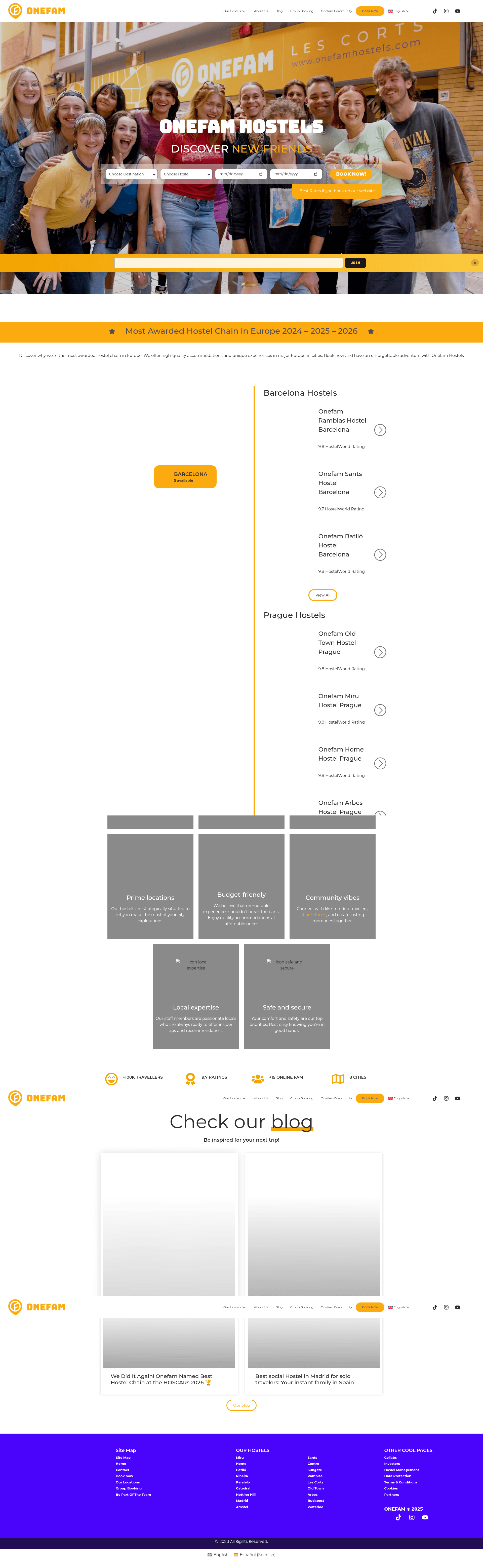 ONEFAM Hostels Europe website screenshot